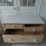 Vintage raw pitchpin chest of drawers, pearl grey patinated drawer tray buttons