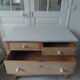 Vintage raw pitchpin chest of drawers, pearl grey patinated drawer tray buttons