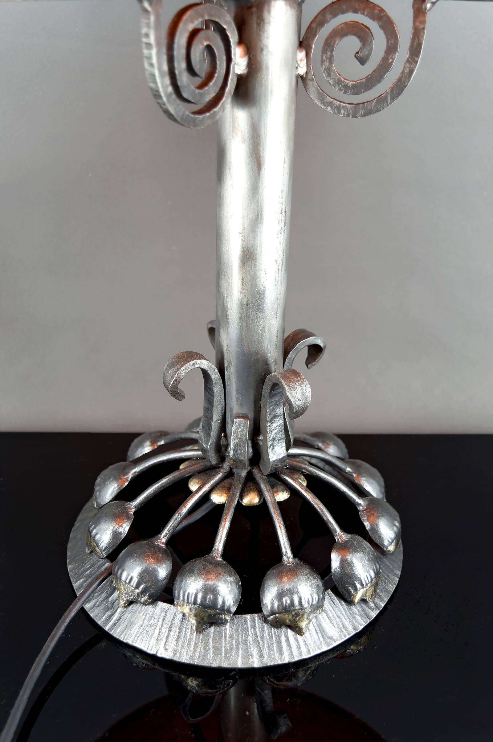 Important Stylized Wrought Iron Lamp with Glass Dome, c. 1930