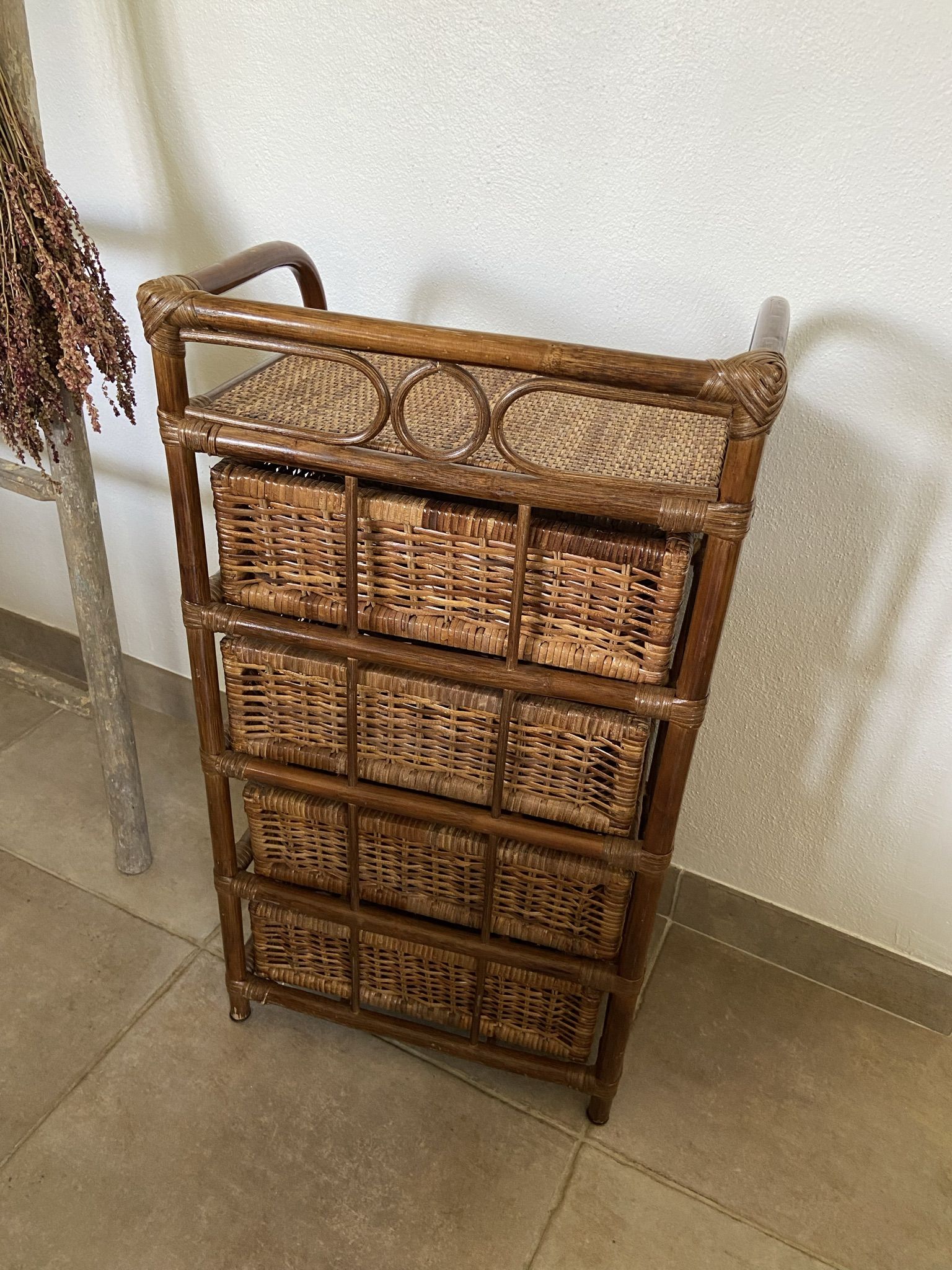 Cabinet / chest of drawers 4 drawers in rattan & vintage bamboo