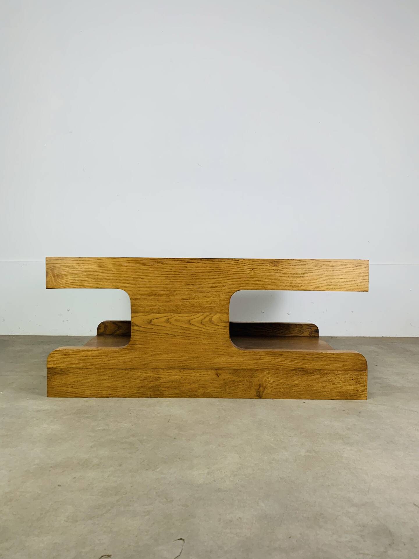 Brutalist coffee table made of solid wood from the 1970s.