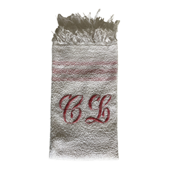 Paire de serviettes de château frangées 19e monogramme rouge CL