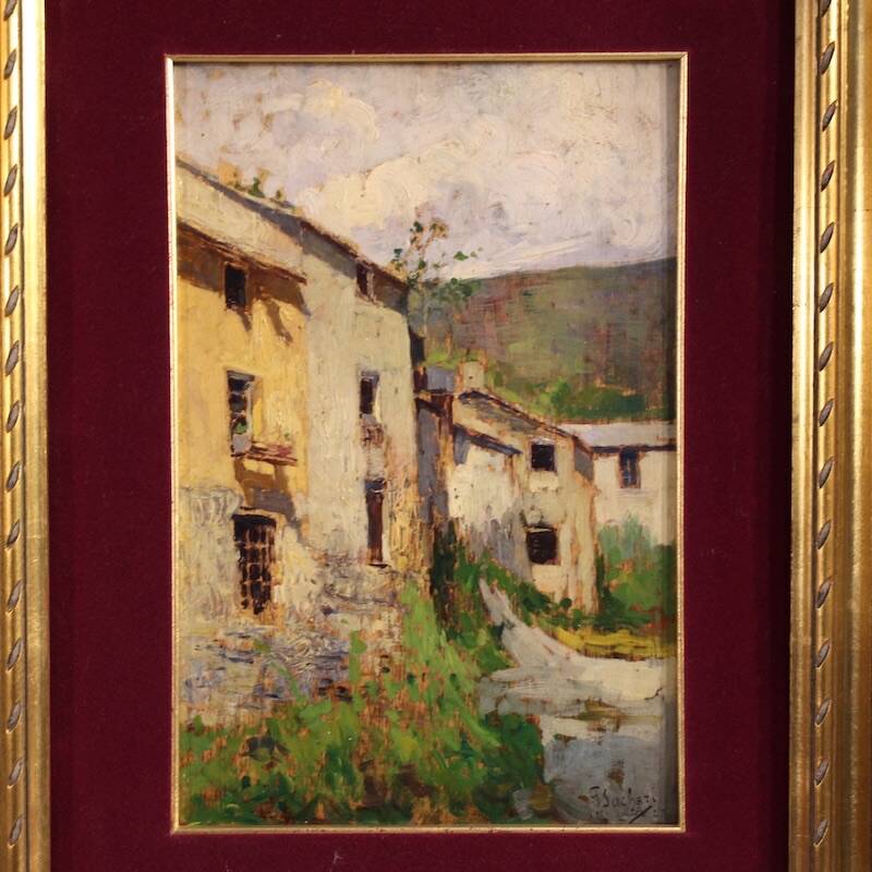 Italian landscape painting view of houses from the 20th century