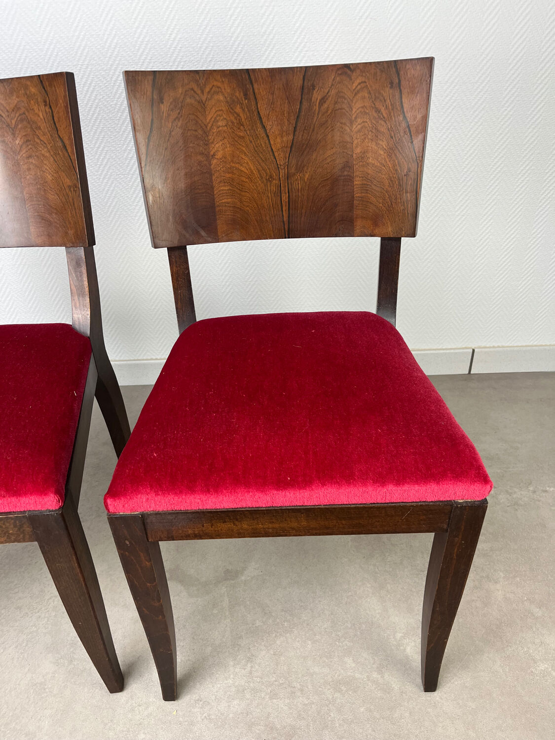 2 Art Deco chairs, red velvet and rosewood.