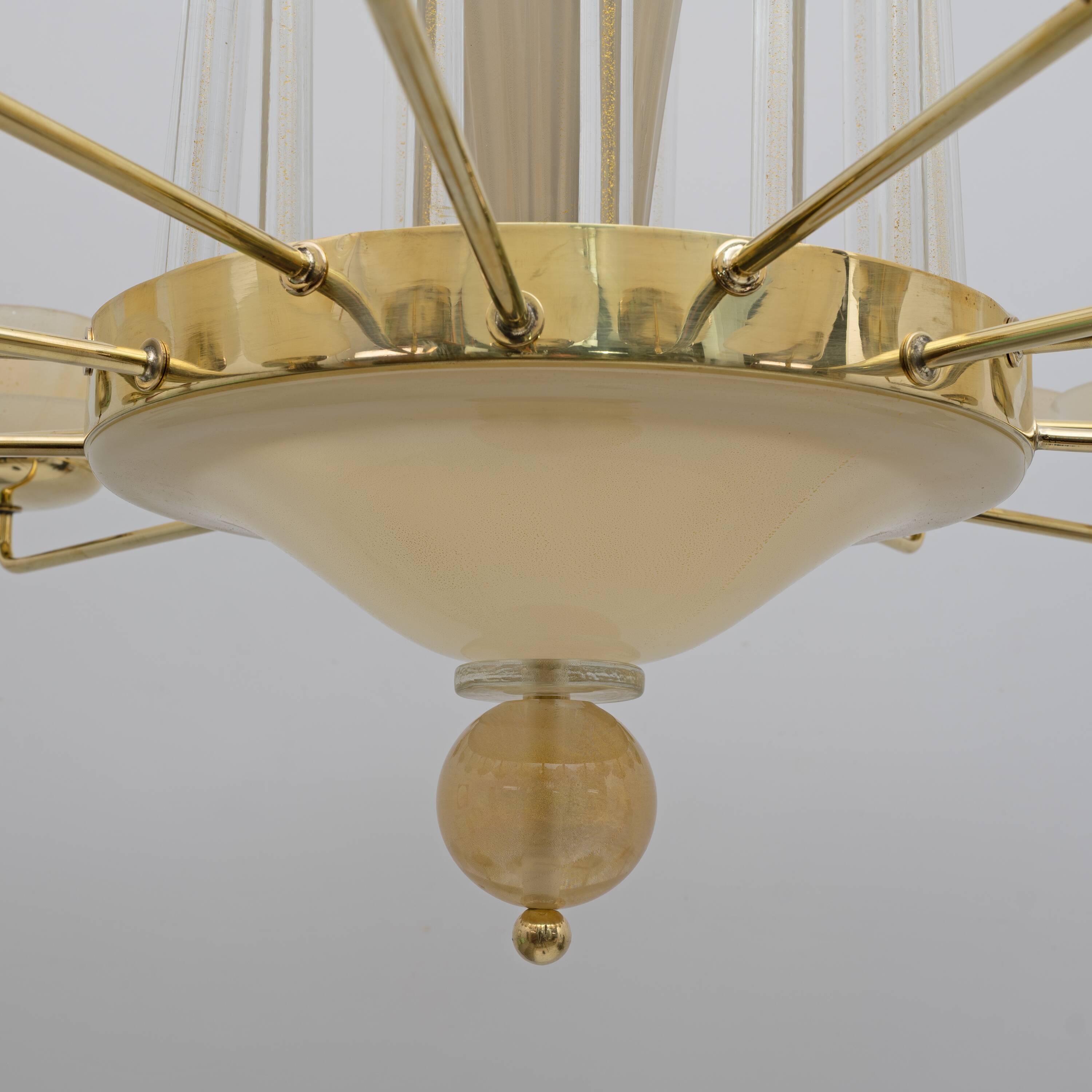 Mid Century Modern Style Brass and Murano Glass Big Chandelier