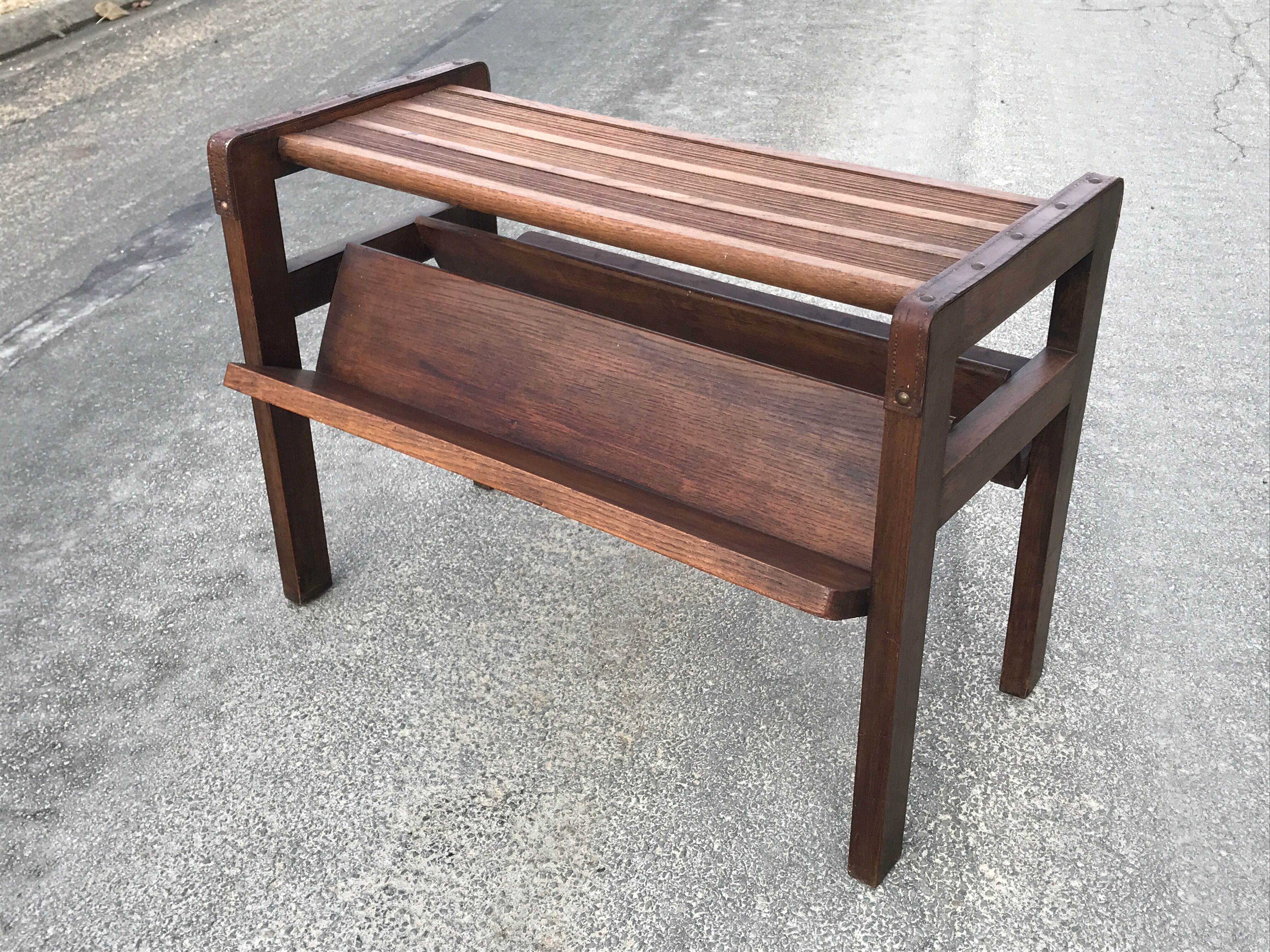 Oak and leather table vintage brutalist design 60s