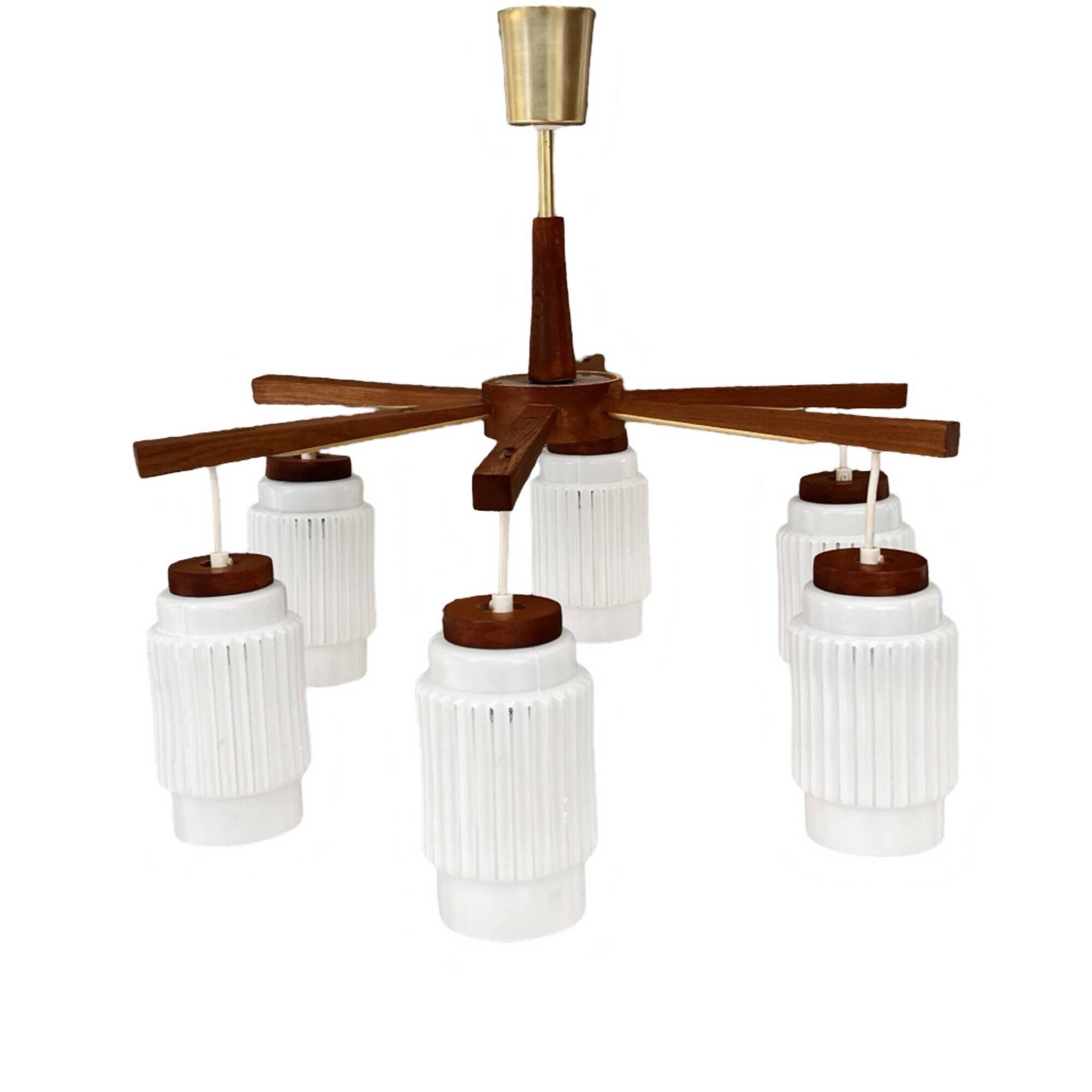Scandinavian six-arm chandelier made of teak wood, Denmark, 1970s.