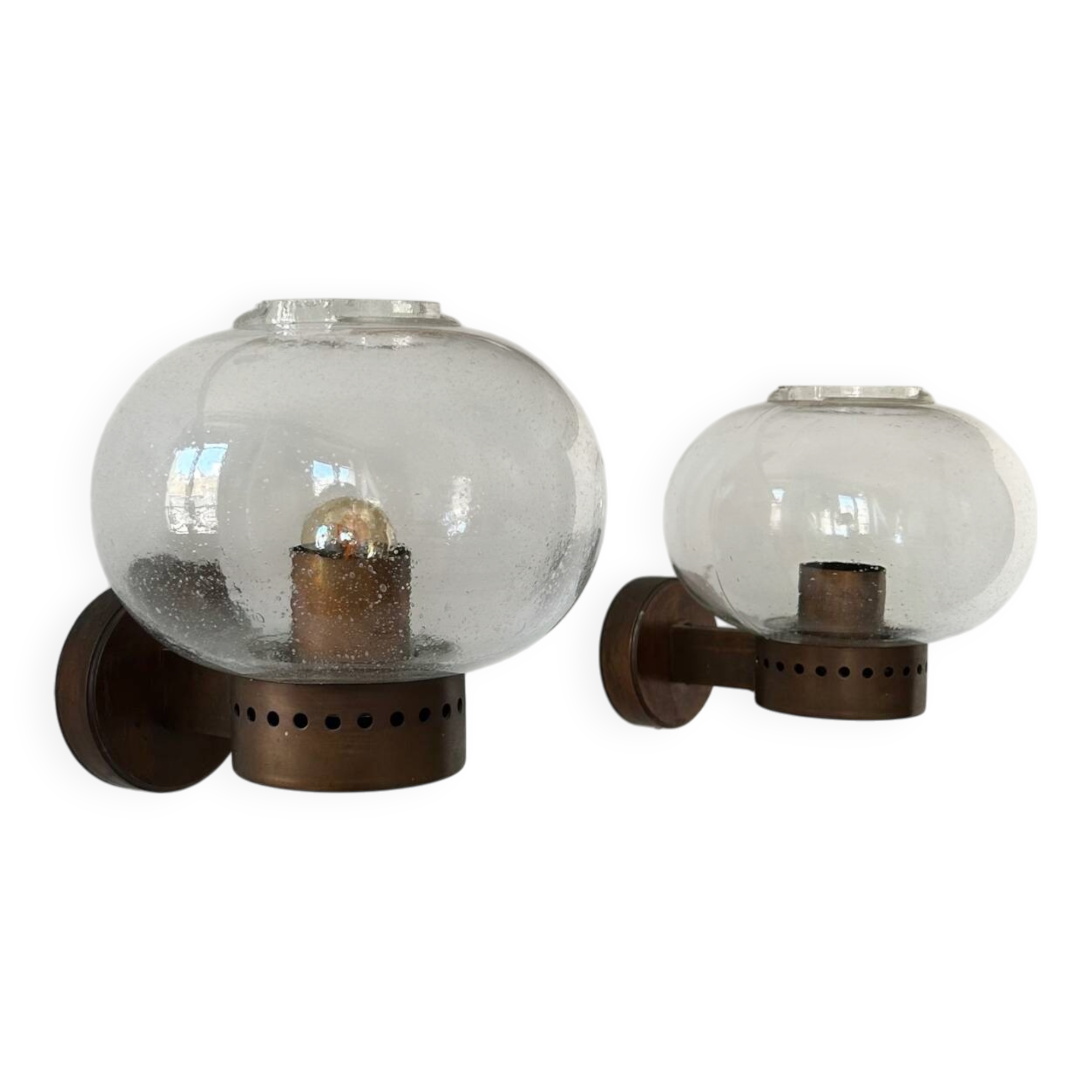 Pair of vintage wall lights, copper and bubbled glass, BEGA Germany 1970