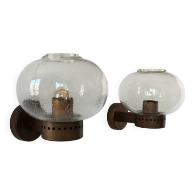 Paire d’appliques vintage, cuivre et verre bullé, BEGA Allemagne 1970