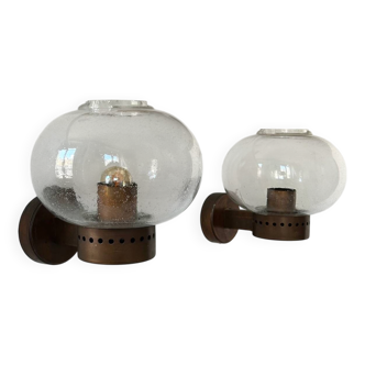 Paire d’appliques vintage, cuivre et verre bullé, BEGA Allemagne 1970