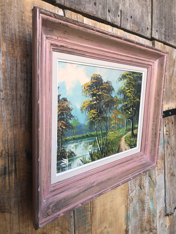 Tableau huile sur toile mau louis bord de rivière + cadre bois #a217