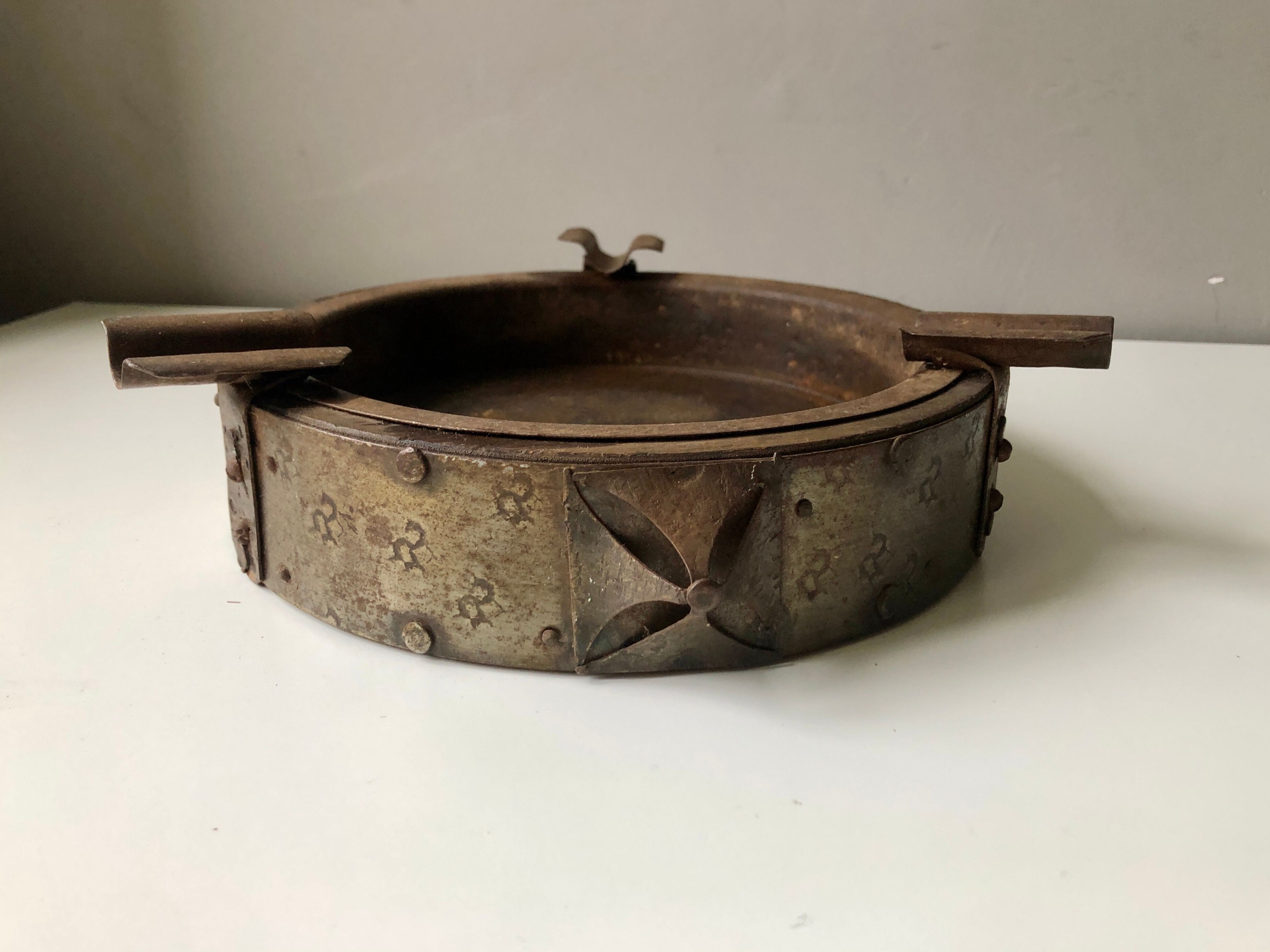 Wrought iron and wood ashtray, Brutalist style, 23rd century