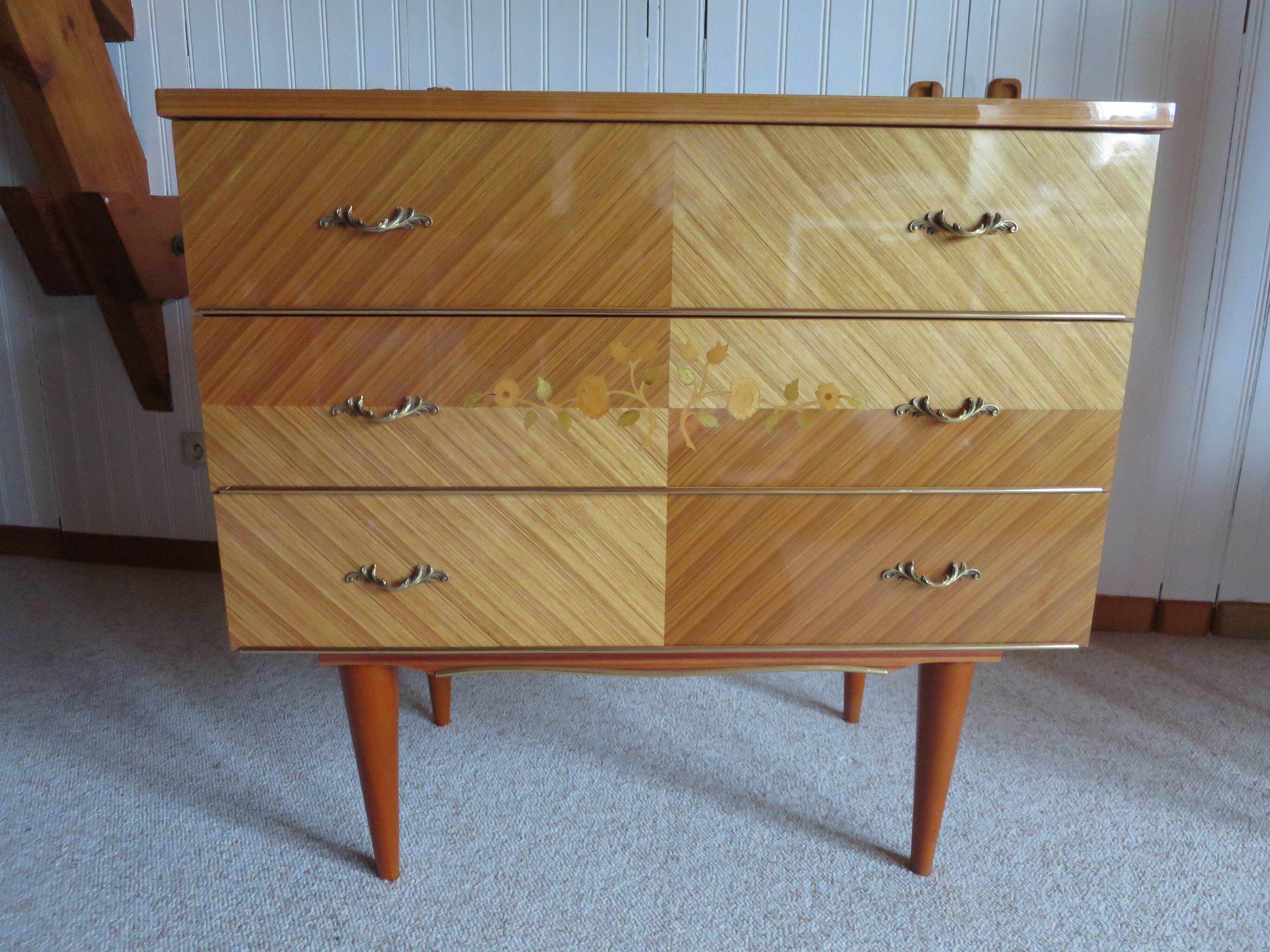 3-drawer chest of drawers - 60s - vintage - marquetry effect - spinning top feet