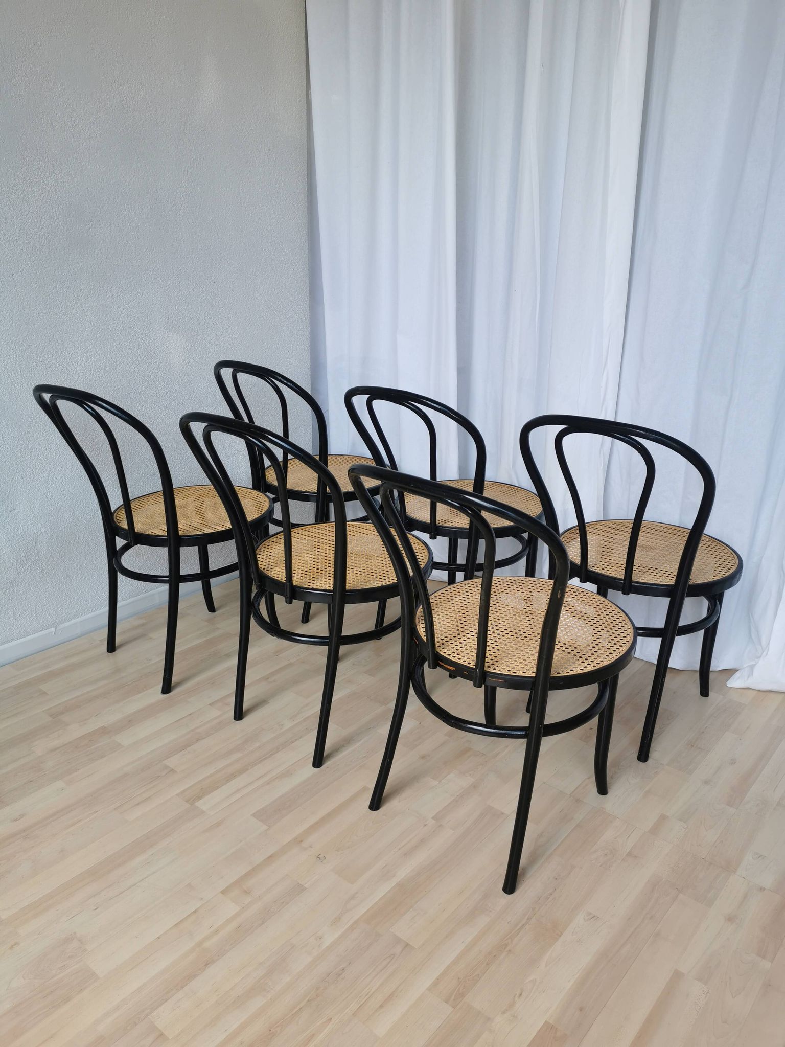 Set of 6 Vintage Thonet Style Dining Chairs: Black Bentwood Cane Seat