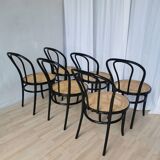 Set of 6 Vintage Thonet Style Dining Chairs: Black Bentwood Cane Seat