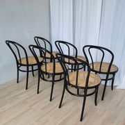 Set of 6 Vintage Thonet Style Dining Chairs: Black Bentwood Cane Seat