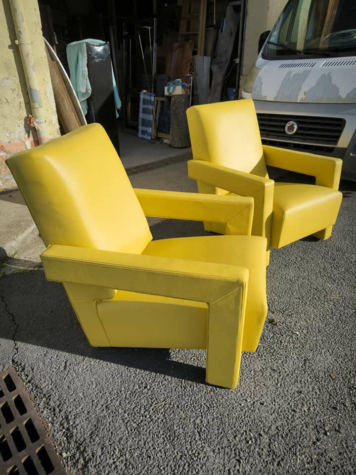 Pair of armchairs in sunny yellow leather