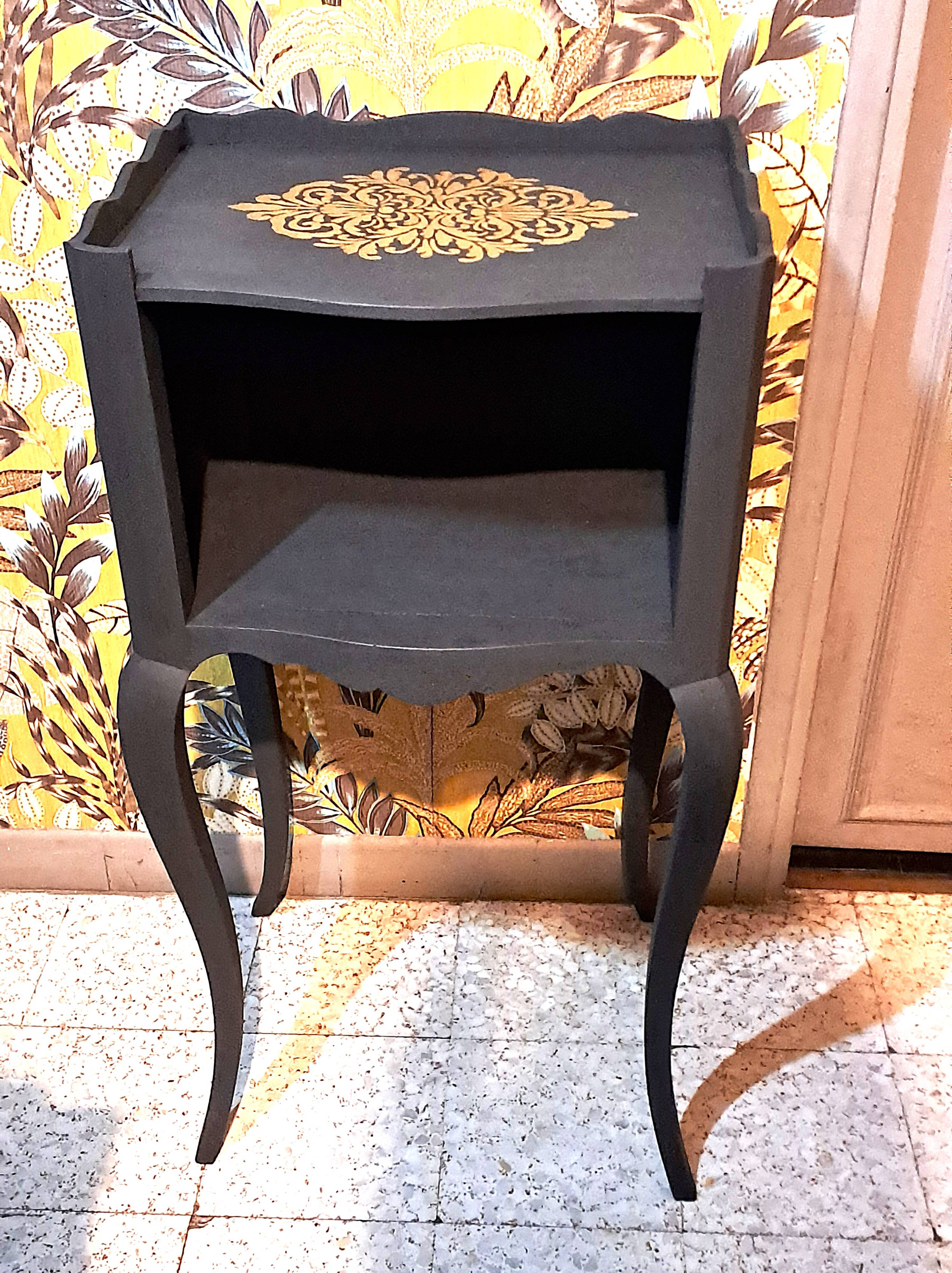 1930 bedside table, repainted wood in black with a golden rose motif.