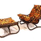 Manou rattan lounge chair in pagoda style with ottoman