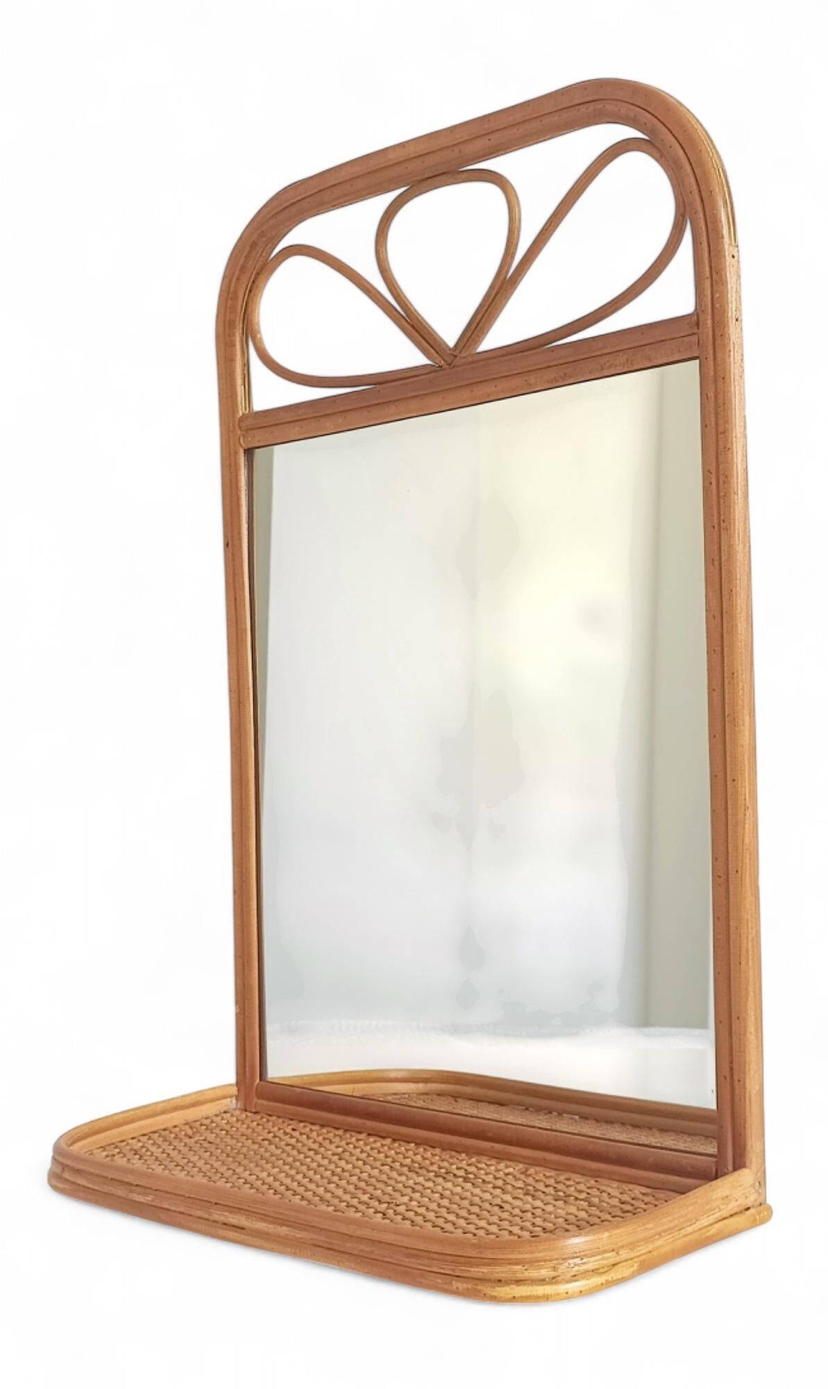 Mid Century French Riviera Rattan and Wicker Mirror With Shelf, Spain, 1960s–70s