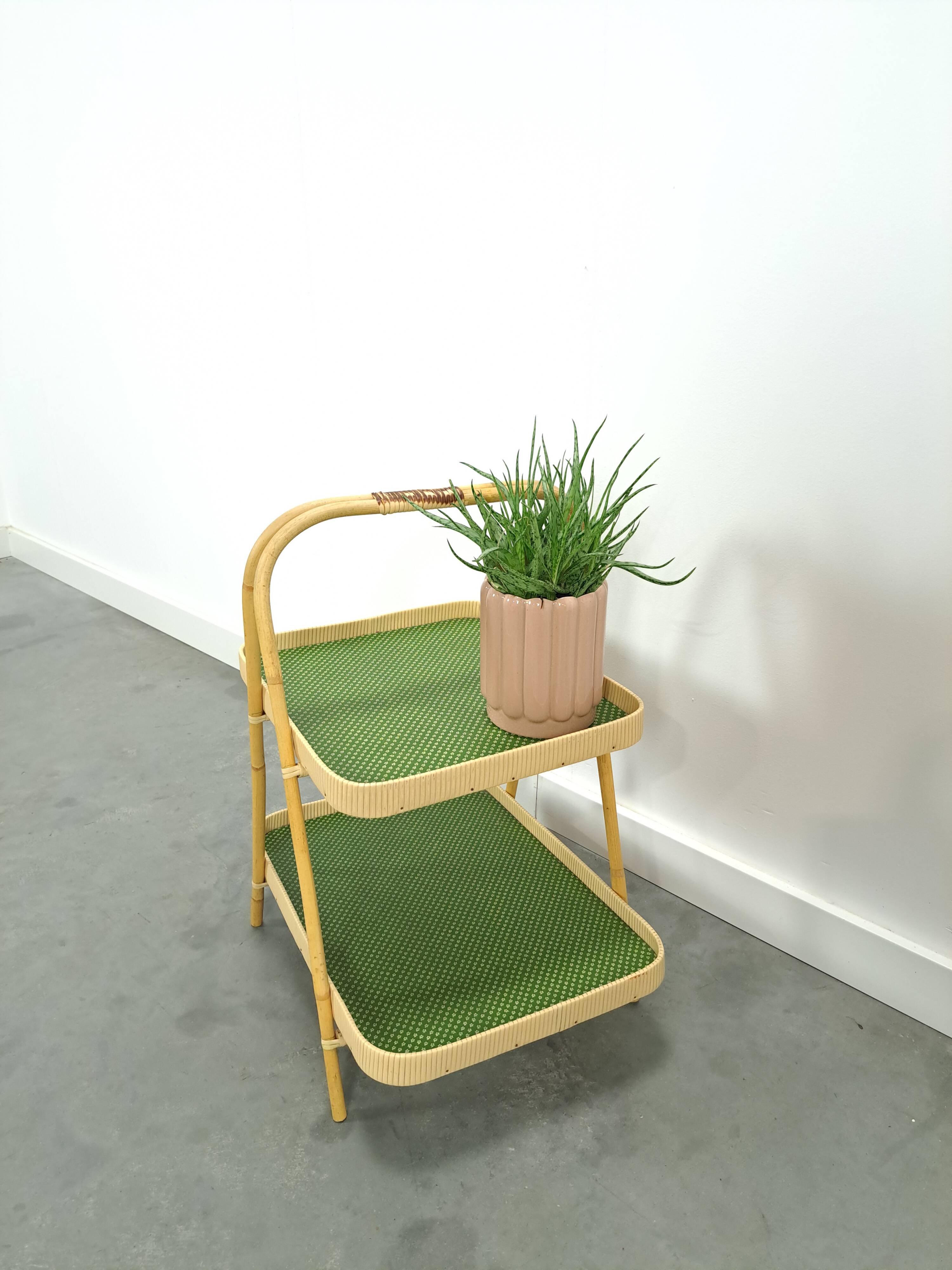 Rattan double tray with green leaf vintage fruit basket