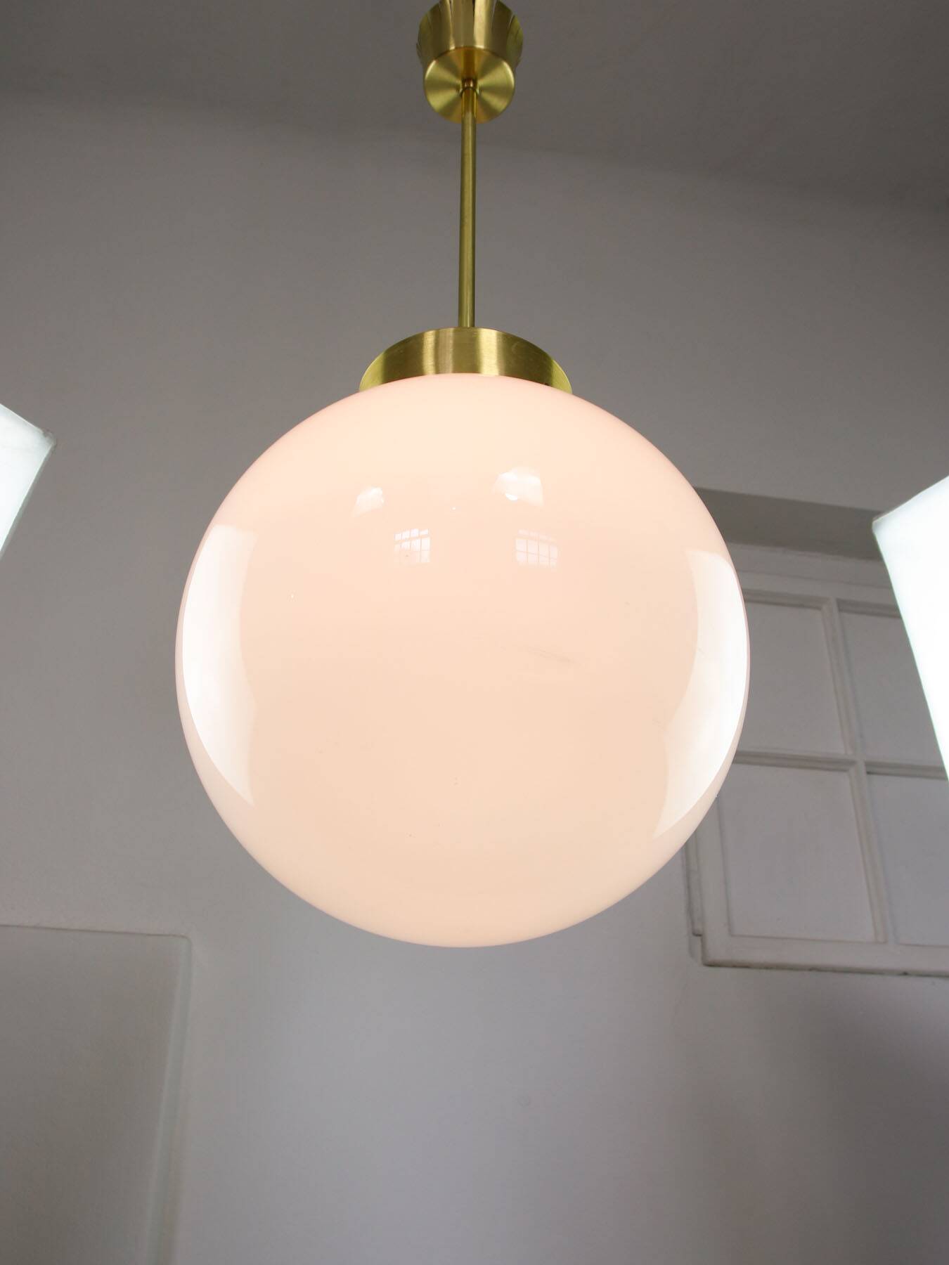 Big Mid-Century Italian Opaline & Brass Globe Pendant Lamp