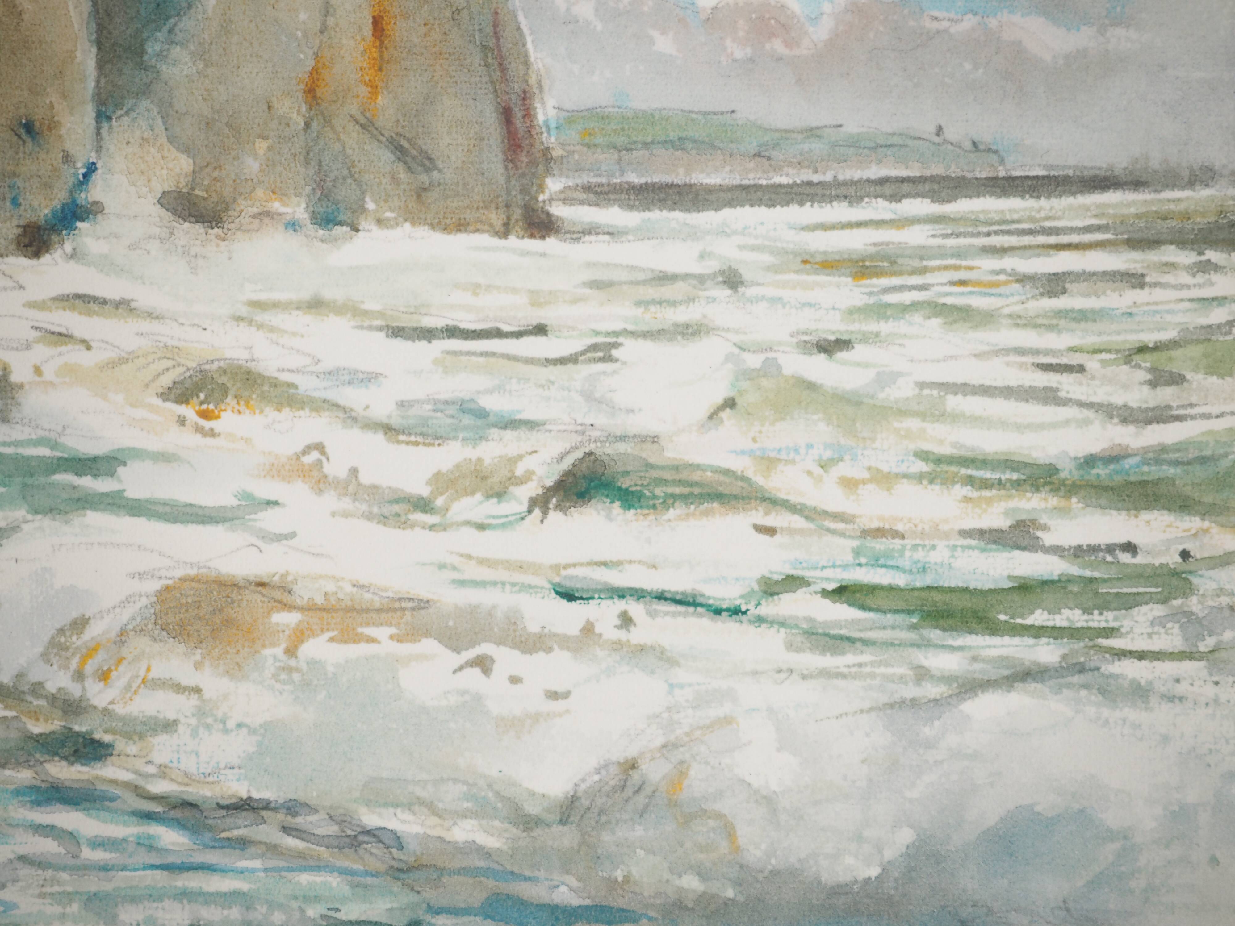 René leverd: waves against the cliffs, original signed watercolor