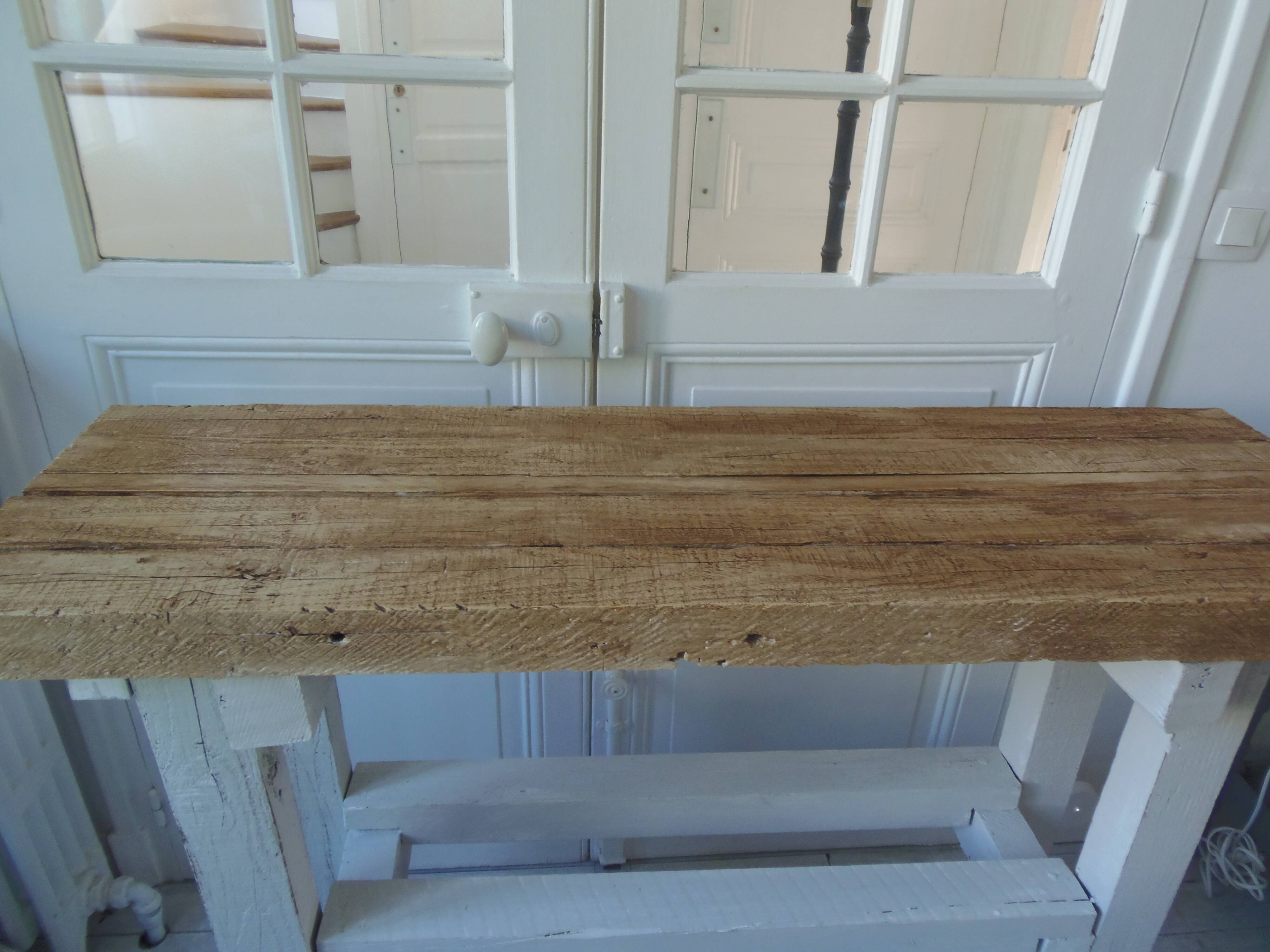 Vintage workbench with pearl gray patinated base and wooden top