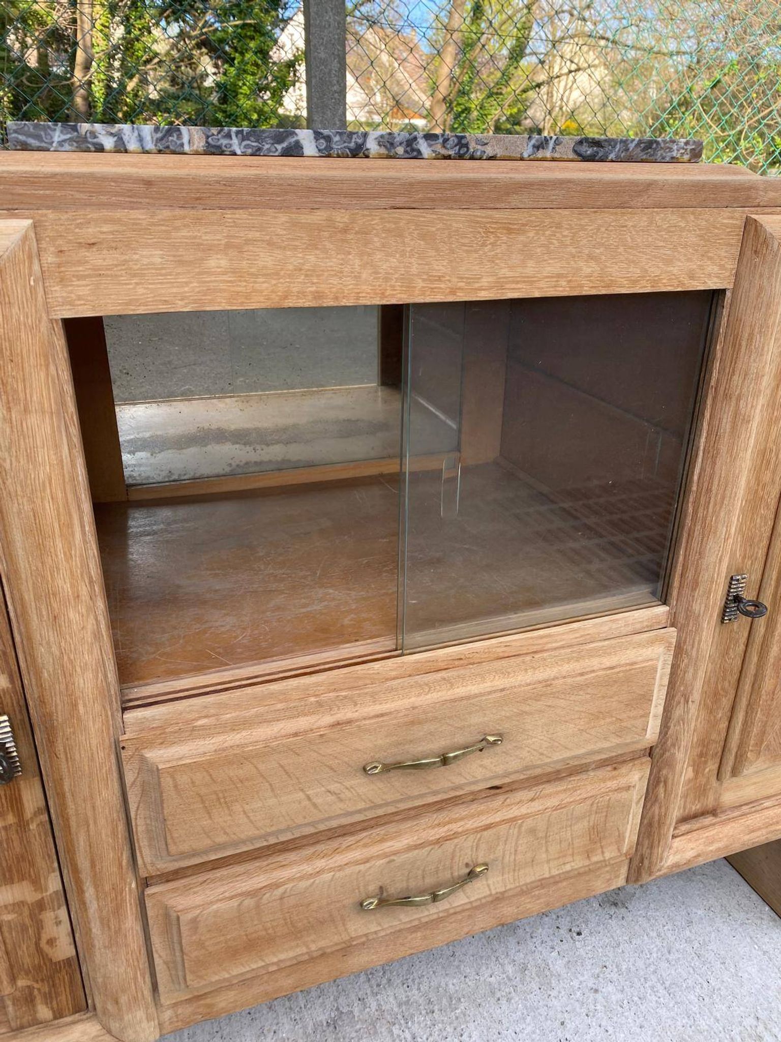 Renovated art deco sideboard in raw solid oak and gray marble 200cm