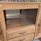 Buffet enfilade art déco rénovée en chêne massif brut et marbre gris 200cm