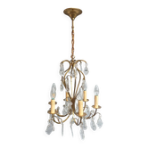 Remarkable cage chandelier with 6 lights and complete crystal pendants in working condition.