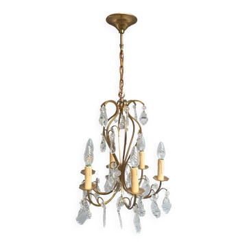 Remarquable lustre cage 6 feux à pampilles de cristal complet en état de marche