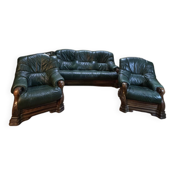 Salon canapé et deux fauteuils anglais "Oxford" en cuir et bois de chêne