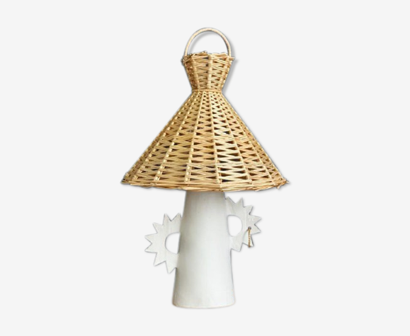 Lampe Zig Zag en grès et osier blanc Maison Paseonia