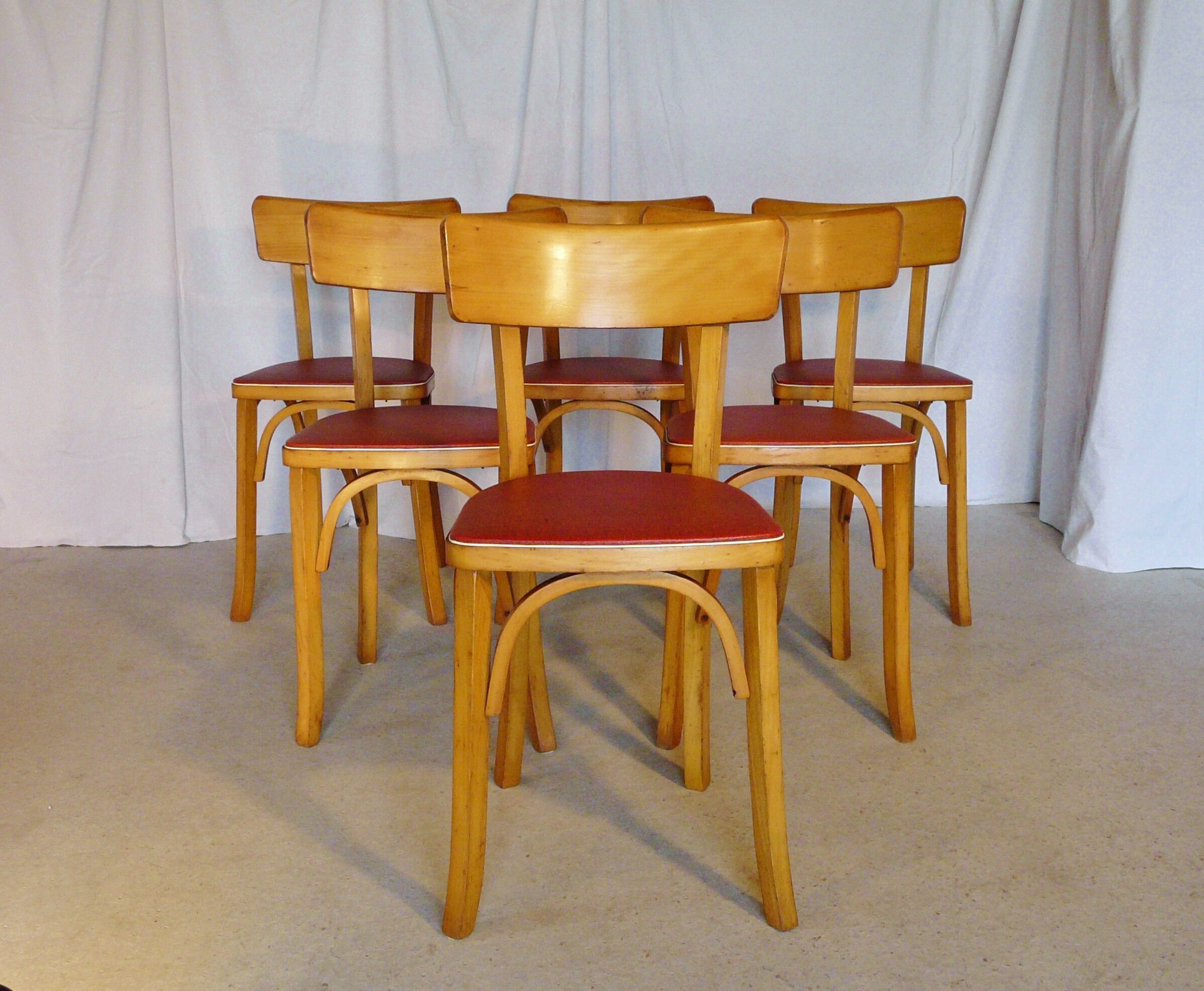 Six vintage Baumann bistro chairs in blond wood
