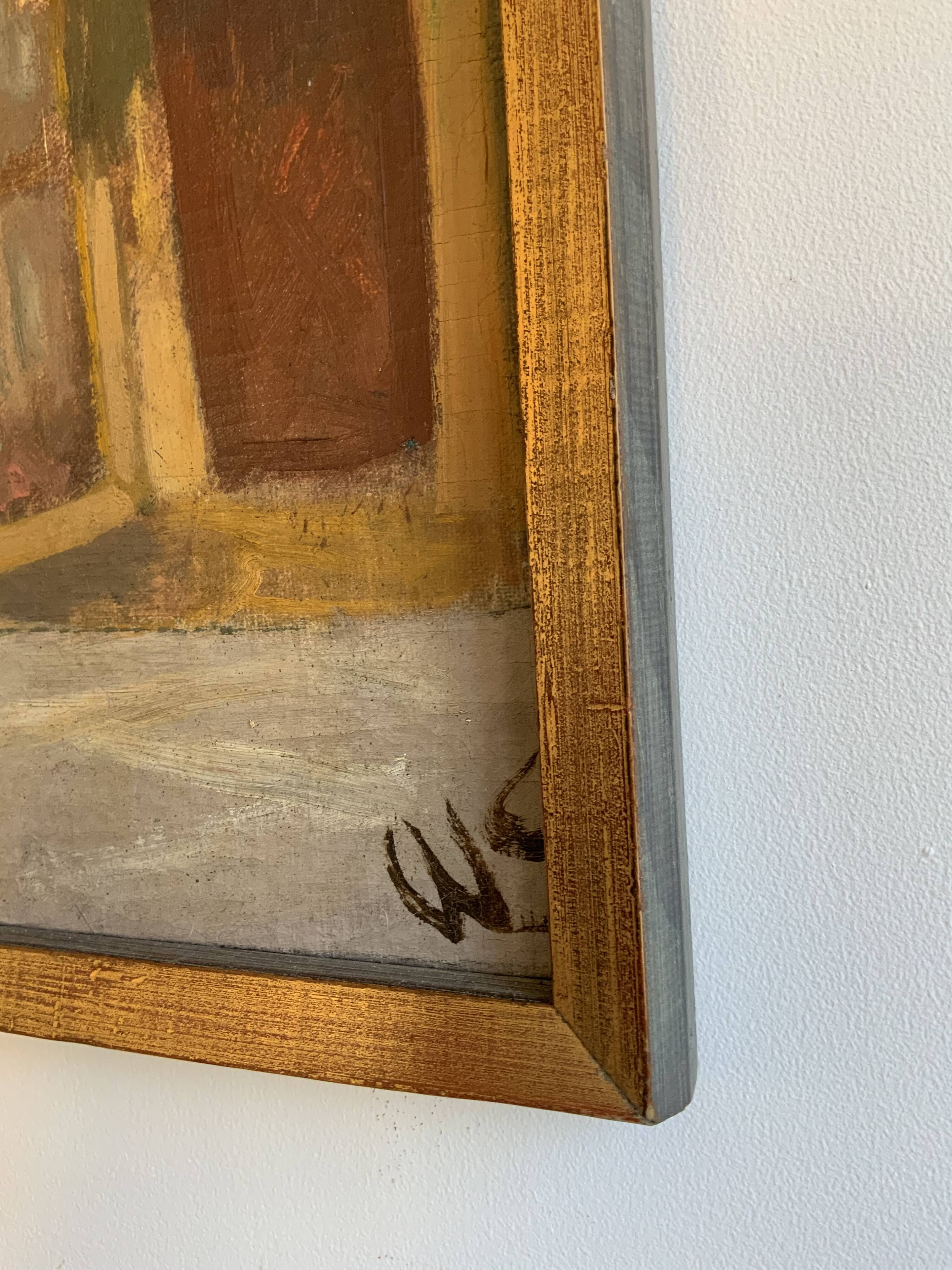 Vintage Oil On Canvas Interior with Woman Signed By Artist W.S., circa 1950s