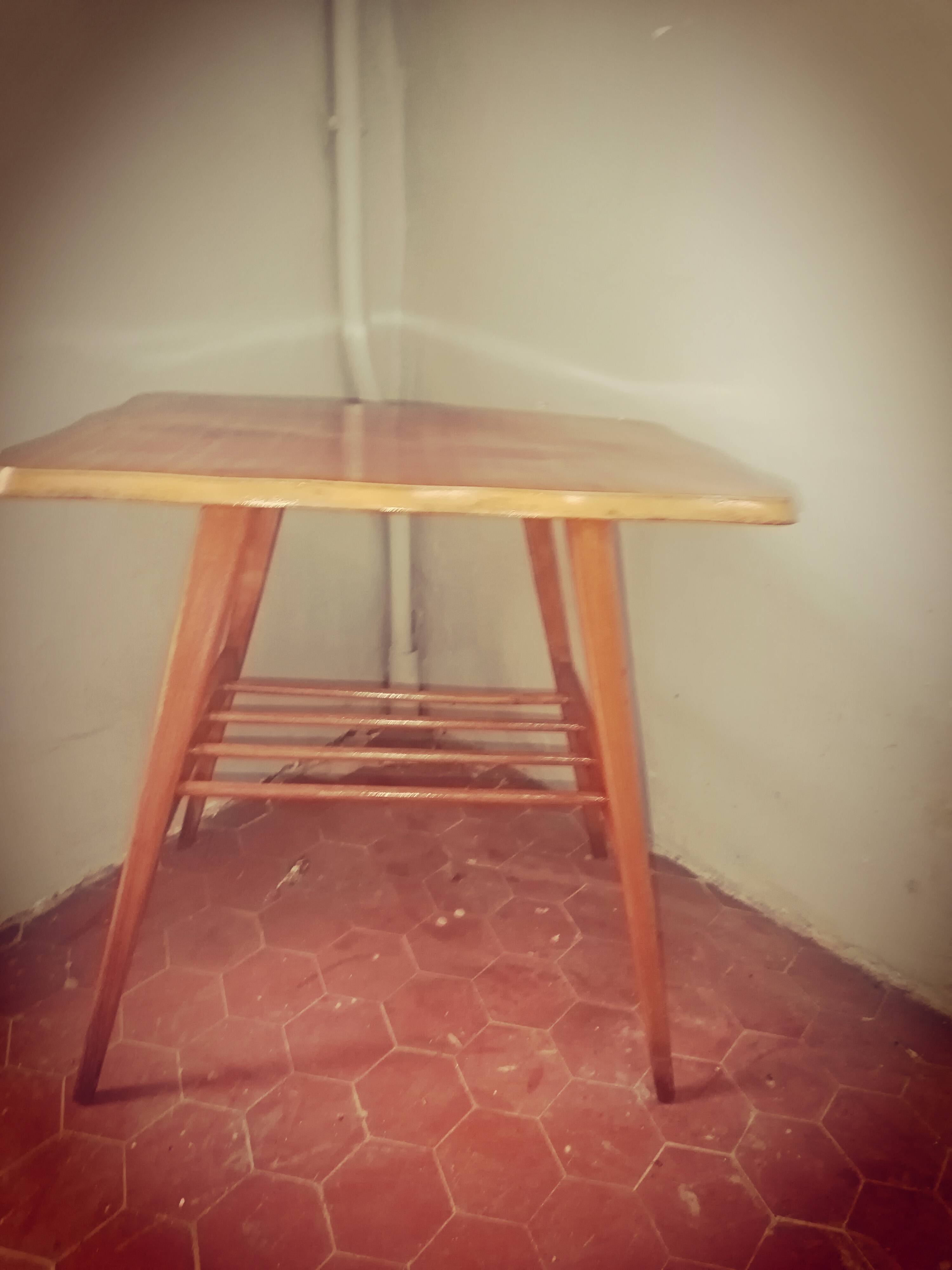 Scandinavian table with compass legs + magazine rack.