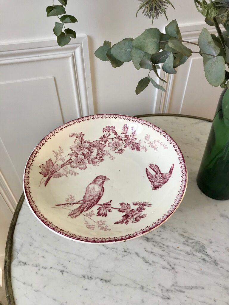 Compotier high in Terre de Fer Longwy model "Mésange" pink 1880 - XIXth