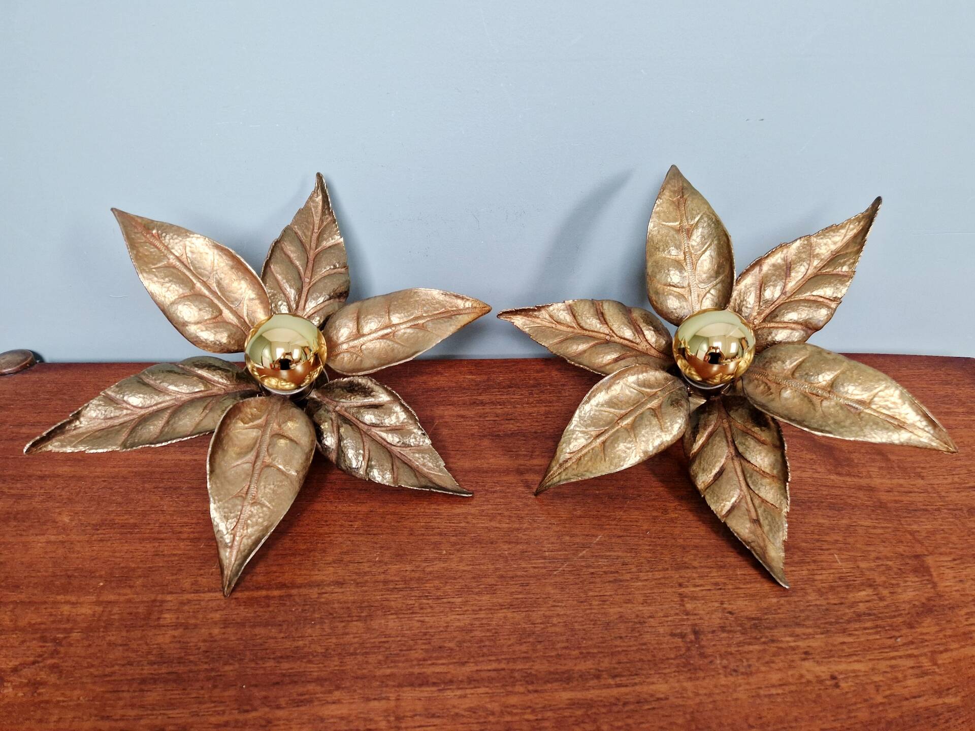 Pair of floral wall sconces in brass, design by Willy Daro, 1970.