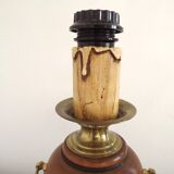 French Mid Century Round Turned Wood Lamp Base With Gold 1852 Tag & Handles