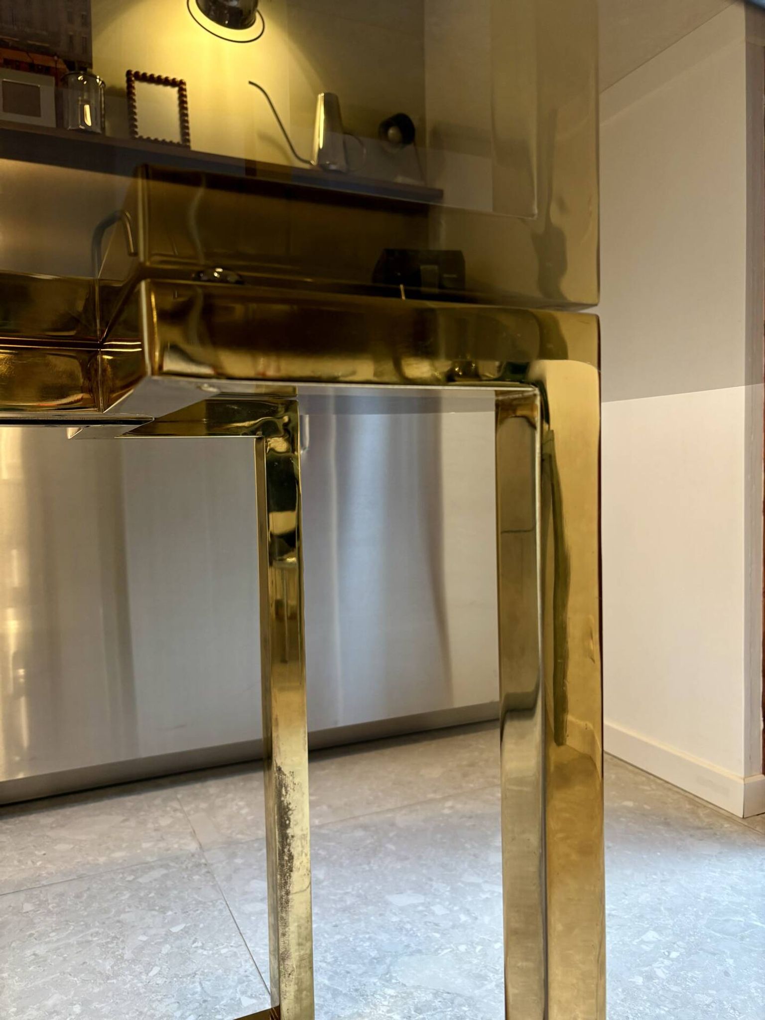 Table à manger Belgo chrome années 70 verre fumé
