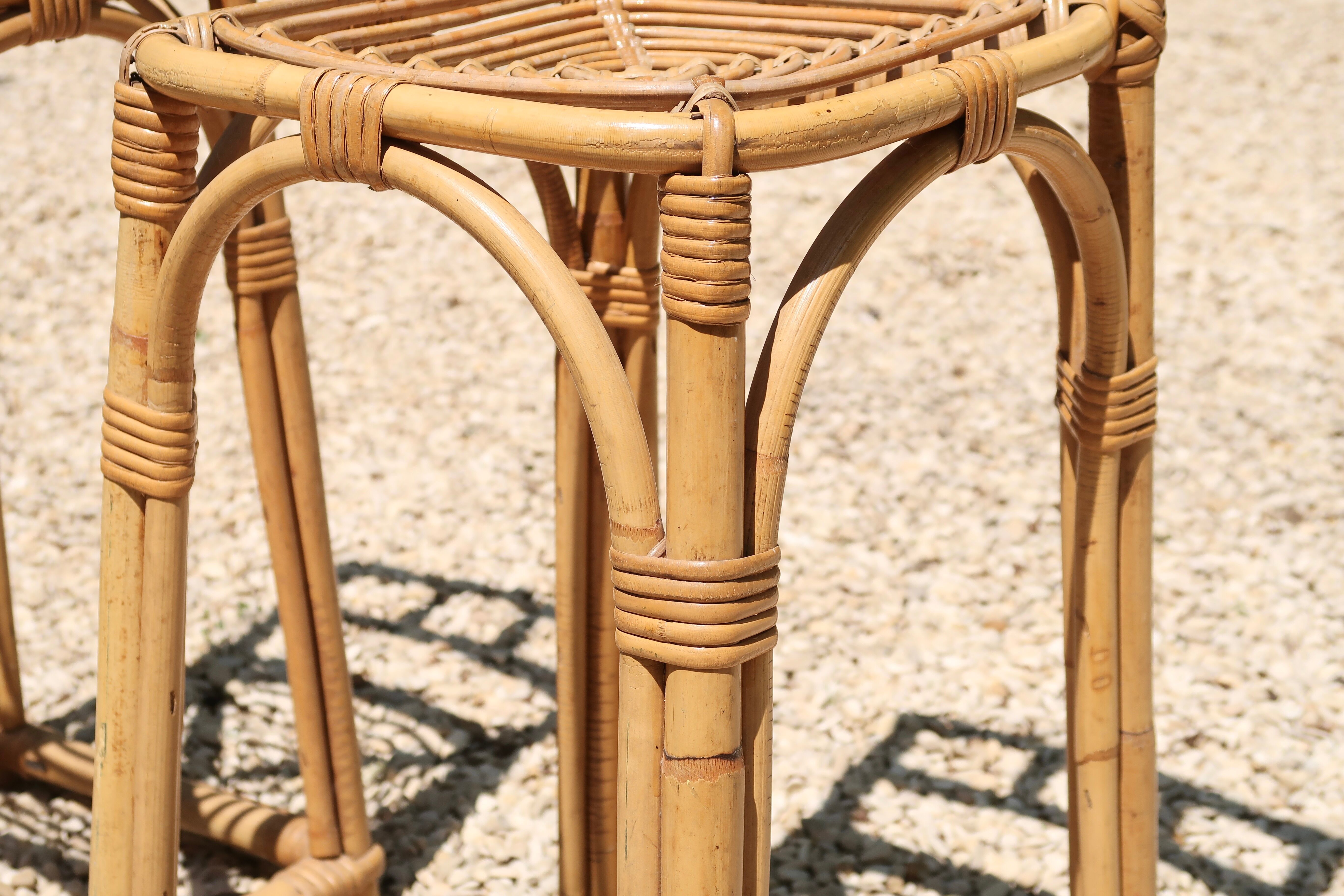 Pair of bamboo rattan bar stools, 70s