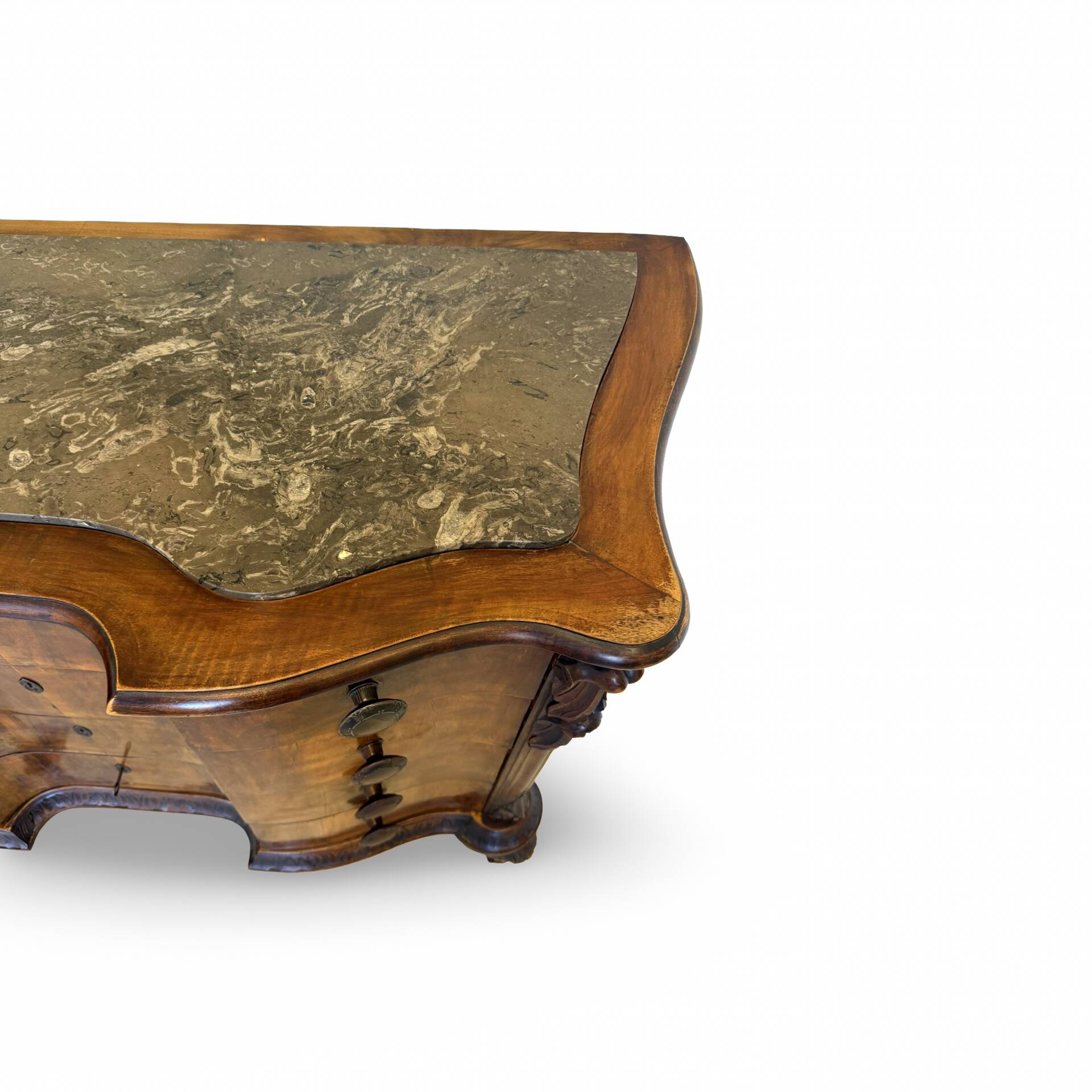 serpentine commode in antique walnut