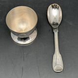 Duo of egg cup and its small white metal spoon (silverware) Ercuis