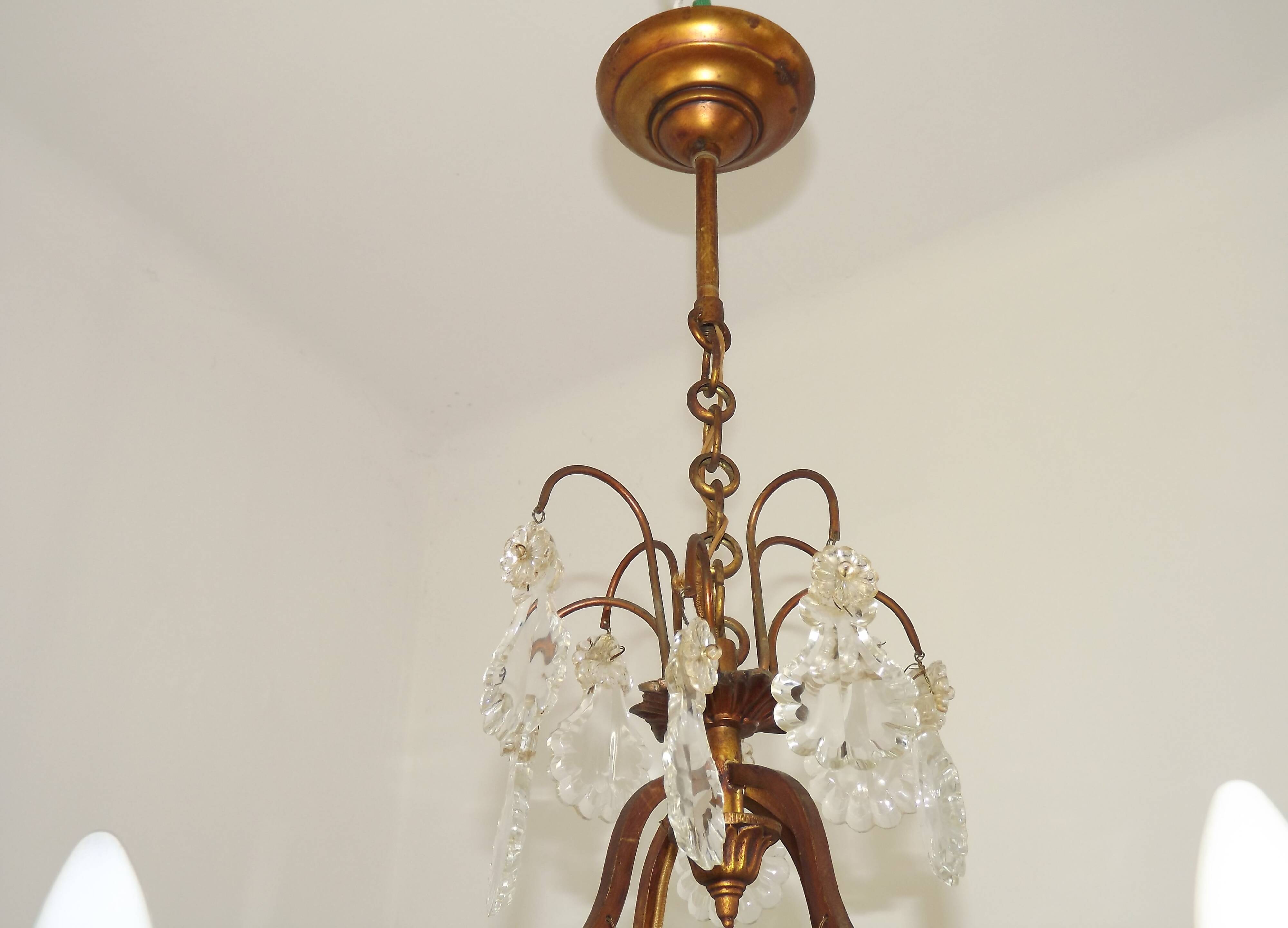 1940s French Vintage Bronze Glass and Crystal 4 Light Chandelier 4679