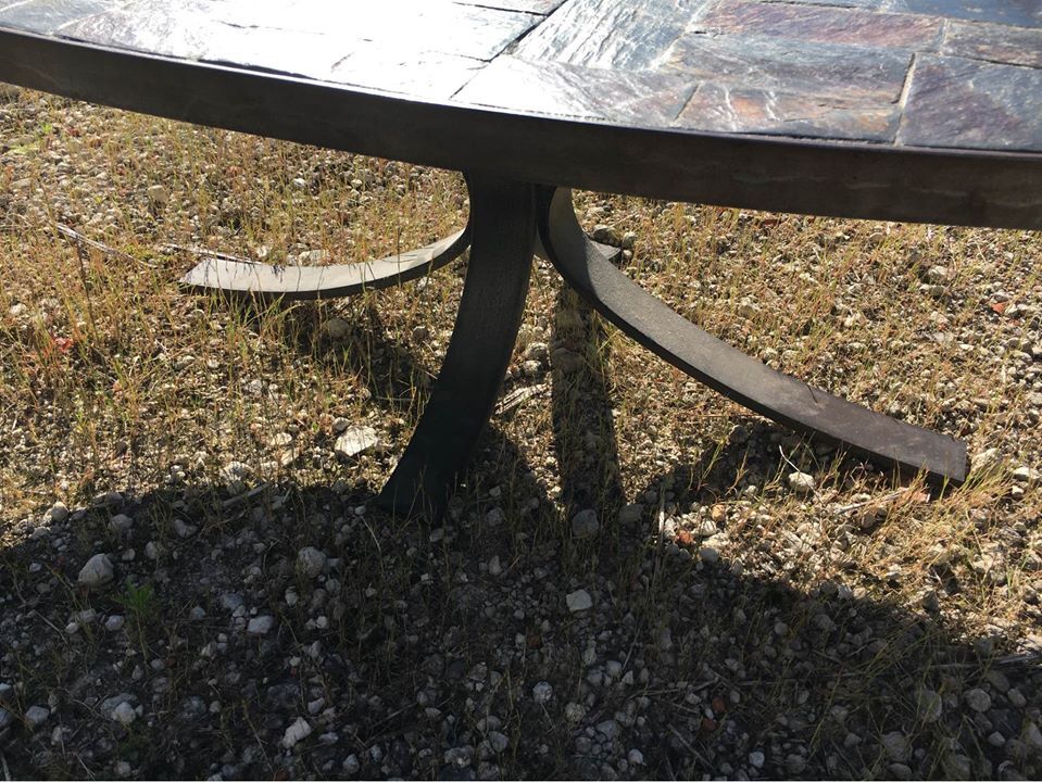 Oval wrought iron and slate coffee table in 1960/ 1970
