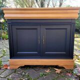 Cherry and black sideboard with 2 doors and 1 drawer.