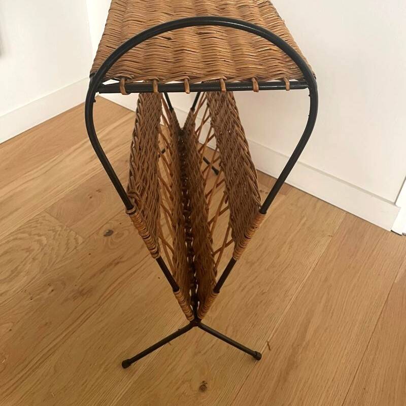 Vintage rattan and black metal magazine rack – Nightstand