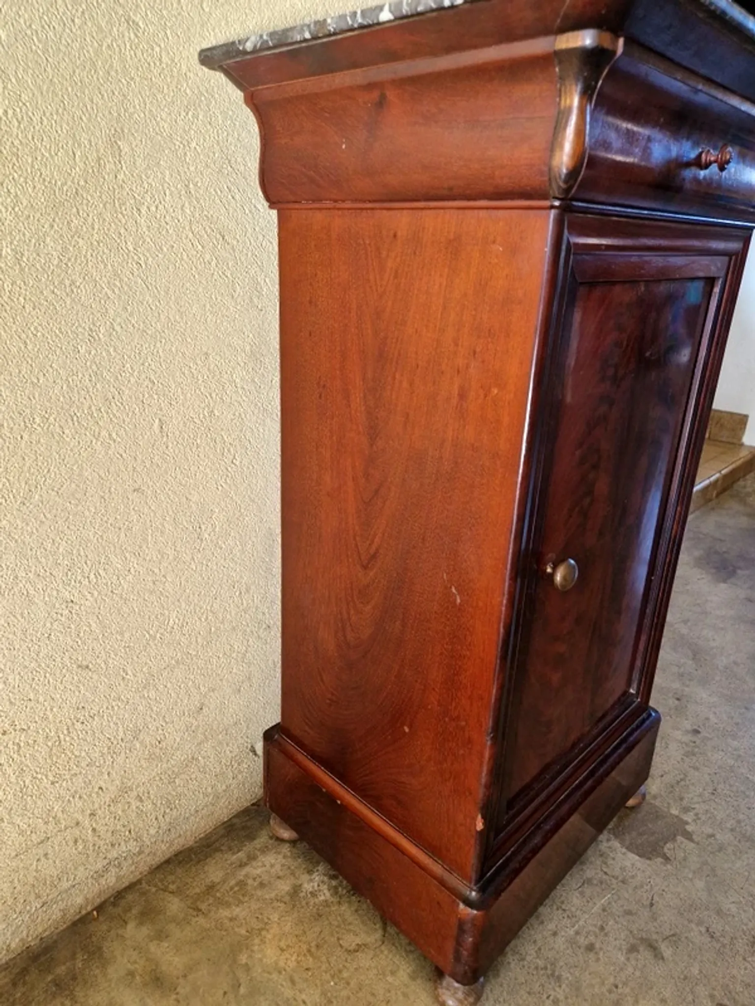 Louis Philippe XIX mahogany veneer and marble bedside table