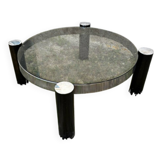 Table basse ronde design italien en chrome et verre fumé vintage